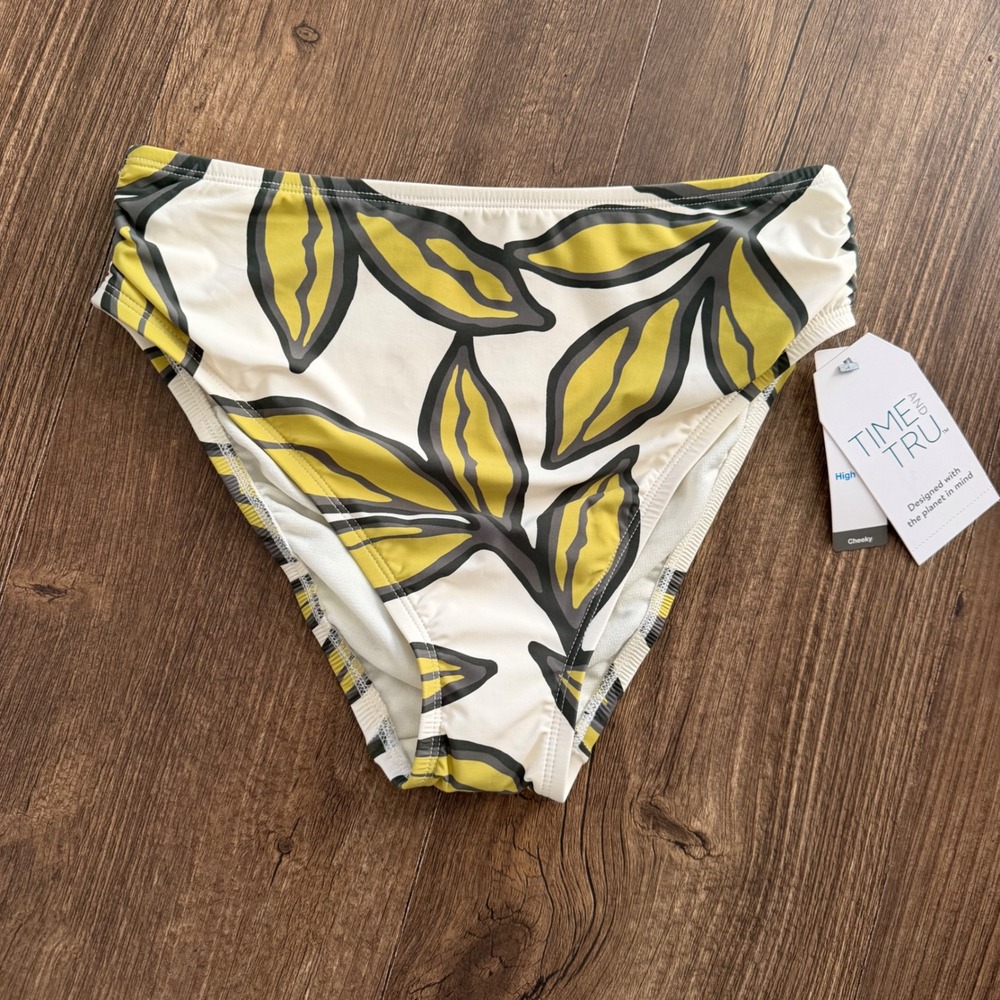 Time and Tru Swim Bottom Women XS White Green Leaf High Rise Cheeky